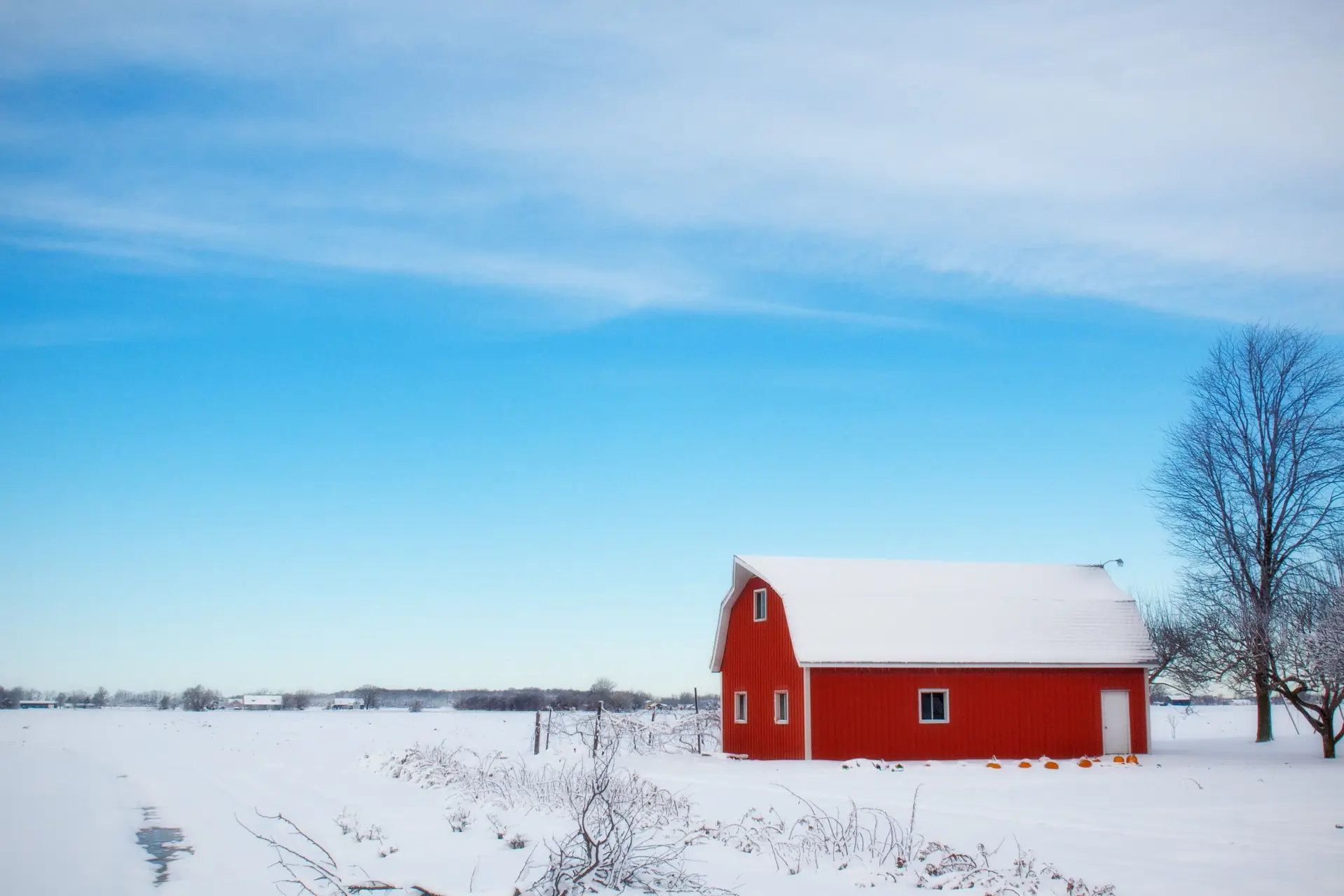 A red barn with a snow-covered roof in a snowy field under a clear blue winter sky, a bare tree at the right